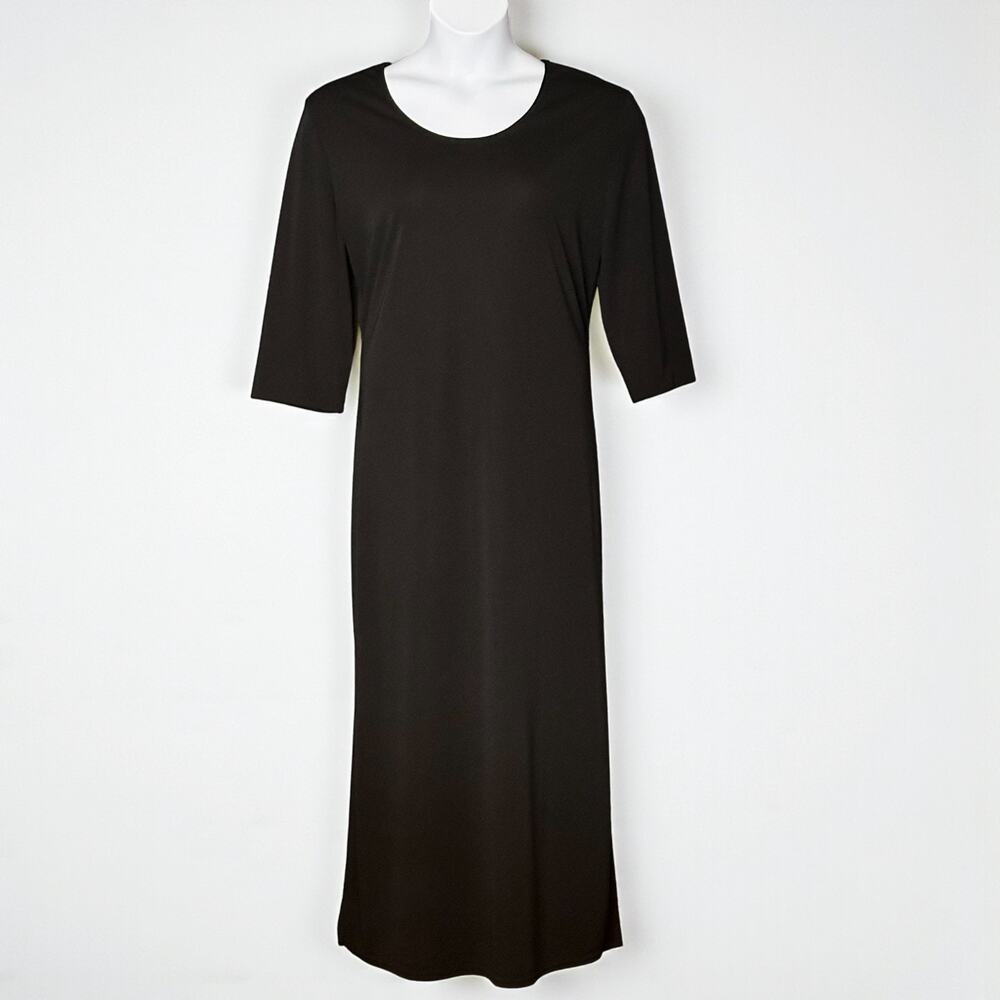 Vintage Coldwater Creek Black Maxi Dress XL Stretch Jersey Scoop Neck 3/4 Sleeve